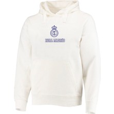 Real Madrid Baskılı Erkek Ekru Sweatshirt Kapşonlu Pamuk 3 Iplik