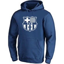 Barcelona Lacivert Logo Baskılı Pamuklu 3 Iplik Kapüşonlu Sweatshirt