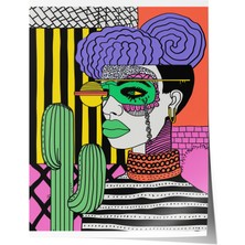 Çerçevesiz Poster, Kadın Portresi, Kaktüsler ve Geometri, Dijital Pop Art Poster No: 106585