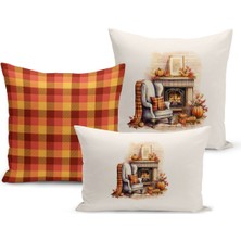 Sonbahar Serisi Çift Tarafı Dijital Baskılı  3'lü Kırlent Kılıfı Seti (Halloween Autumn)