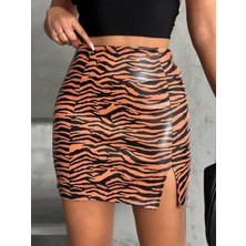 Tek Yırtmaçlı Zebra Desenli Deri Etek Kahvesiyah W24475-S