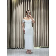 Beyaz Kayık Yaka Boncuk Işlemeli Midi Abiye Elbise 5431