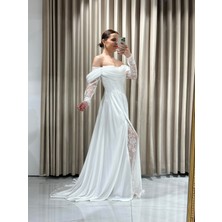 Beyaz Kayık Yaka Dantel Kollu Abiye Elbise 5561