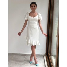 Kaleiçi Yıldızlar Beyaz Yıldızlar Kadın  Balon Kollu Kısa Krep Abiye Rk4897 4897