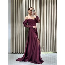 Mürdüm Kayık Yaka Dantel Kollu Abiye Elbise 5561