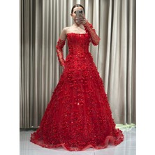 Kırmızı Üç Boyutlu Seyyar Kollu Abiye Elbise 5044