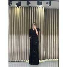 Siyah Payet Uzun Kollu Abiye Elbise 5393