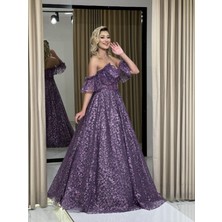 Kaleiçi Yıldızlar Lavanta Volan Kollu Taş İşlemeli Eteği Simli Yeni Sezon Nişanlık Le2009 2009