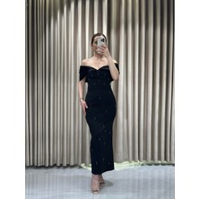 Siyah Kayık Yaka Boncuk Işlemeli Midi Abiye Elbise 5431