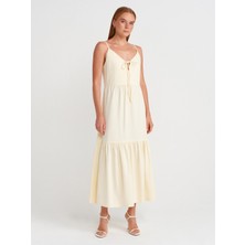 90575 Uzun Dekolte Denim Elbise-Sarı