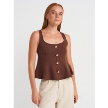31979 Düğmeli Peplum Top-Açık Kahve
