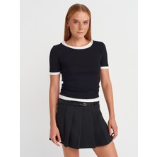 31942 Çift Katlı Büzgülü T-Shirt-Siyah