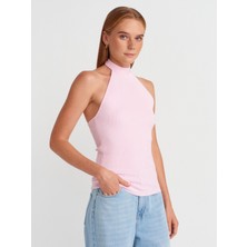 10798 Halter Bağlamalı Yaka Fitilli Triko Bluz-Pembe
