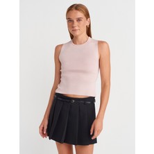 10795 Bisiklet Yaka Sırt Detaylı Triko Top-Pudra