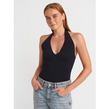 10794 Halter V Yaka Basıc Bluz-Siyah