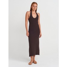 91476 Halter Yaka Midi Elbise-Koyu Kahve