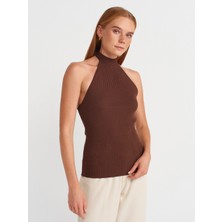 10798 Halter Bağlamalı Yaka Fitilli Triko Bluz-Kahve