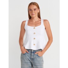 31979 Düğmeli Peplum Top-Beyaz