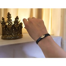 14 Ayar Altın Plakalı Yıldız Ismine Özel Taç Motifli Doğal Siyah Derili Hediye BILEKLIK-638ISIM