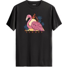Flamingo Summer Baskılı %100 Pamuk Tişört