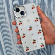 iPhone 13-14 İle Uyumlu Epoksi Kiraz Desenli Şeffaf Kılıf Simli Darbeye Karşı Dayanıklı Kapak