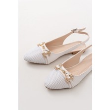 Bayan BABETİNF-120 Beyaz Günlük Fileli Taş Aksesuarlı Kadın Babet