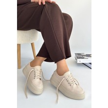 Ortopedik Topuk Dikenine Karşı Özel Üretim Bağcıklı Spor Ayakkabı Keten Bej Topuk Boyu 4 cm