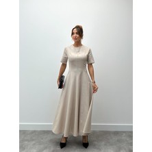 Kadın Maxi Boy Krem Keten Elbise