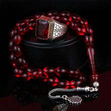 925 Ayar Gümüş Kırmızı Sıkma Kehribar Taşlı Yüzük ve Tesbih