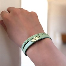 14 Ayar Altın Plakalı K Harfine Özel Taç Motifli Zeytin Yeşili Derili Hediye BILEKLIK-640HARF