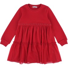 Triko Garnili Sim Tüllü Elbise Kırmızı