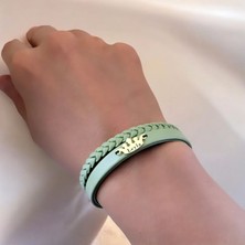 14 Ayar Altın Plakalı Leyla Ismine Özel Zeytin Yeşili Derili Taç Motifli Hediye BILEKLIK-640ISIM