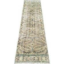 El Dokuma 80X270 Vintage Eskitme Yeşil Beyaz %100 Yün Yolluk Yeşil