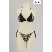 Kadın Siyah ve Leopar Detaylı Yandan Bağlamalı Bikini Takımı