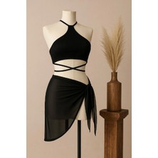İmoda Kadın Siyah Crop ve Pareo 2'li Set Çapraz Bağlamalı Desenli Şıklık ve Rahatlık