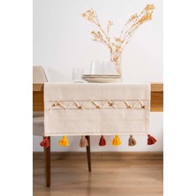 Ruffle Boncuk & Püsküllü %100 Pamuklu Ham Keten Runner 50X130 cm