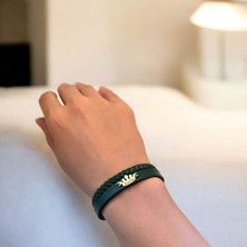 14 Ayar Altın Plakalı Leyla Ismine Özel Doğal Koyu Yeşil Derili Taç Figürlü Hediye BILEKLIK-641ISIM