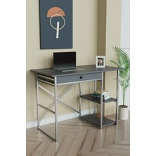Çekmeceli ve 2 Raflı Çalışma Masası 110X60 cm Gümüş Metal - Antrasit