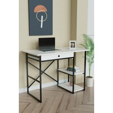 Çekmeceli ve 2 Raflı Çalışma Masası 110X60 cm Siyah Metal - Beyaz