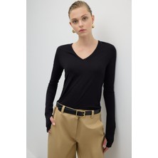 V Yaka Uzun Kol Basic T-Shirt Siyah K2623803_001