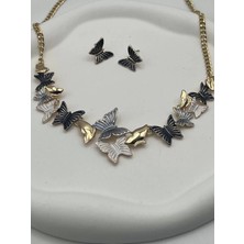 Mineli Kelebekli Kolye Küpe Seti (Siyah Tonlu)