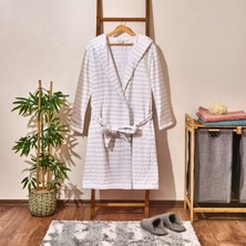 Evidea Soft Kapüşonlu Çizgili Erkek Bornoz - Beyaz / Mavi - L / Xl