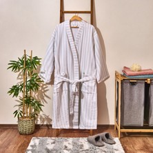 Evidea Soft Kimono Çizgili Erkek Bornoz - Beyaz / Mavi - L / Xl