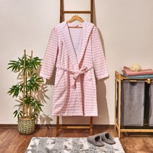 Evidea Soft Kapüşonlu Çizgili Kadın Bornoz - Beyaz / Pembe - S / M