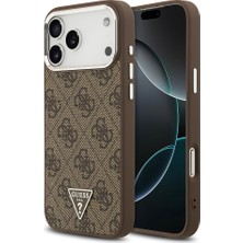 iPhone 17 Pro Max Kılıf Guess Lisanslı M-Safe Şarjlı Gold Kamera Çerçeveli Taşlı Üçgen Logo Kahve