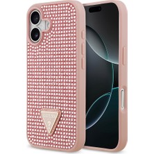 iPhone 17 Uyumlu Kılıf Guess Orjinal Lisanslı Taşlı Arka Yüzey Üçgen Logolu Kapak Pembe