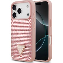 iPhone 17 Pro Uyumlu Kılıf Guess Orjinal Lisanslı Taşlı Arka Yüzey Üçgen Logolu Kapak Pembe