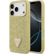iPhone 17 Pro Uyumlu Kılıf Guess Orjinal Lisanslı Taşlı Arka Yüzey Üçgen Logolu Kapak Gold
