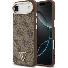 iPhone 17 Air Kılıf Guess Lisanslı M-Safe Şarjlı Gold Metal Kamera Çerçeveli Taşlı Üçgen Logo Kahve