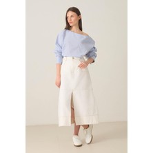 Setre Ekru %100 Pamuk Dikiş Ve Yırtmaç Detaylı Midi Boy Kot Etek